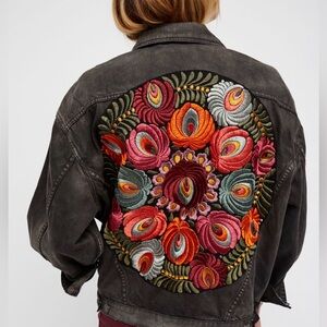 Black Boho Embroidered Oversized Denim oak Jacket